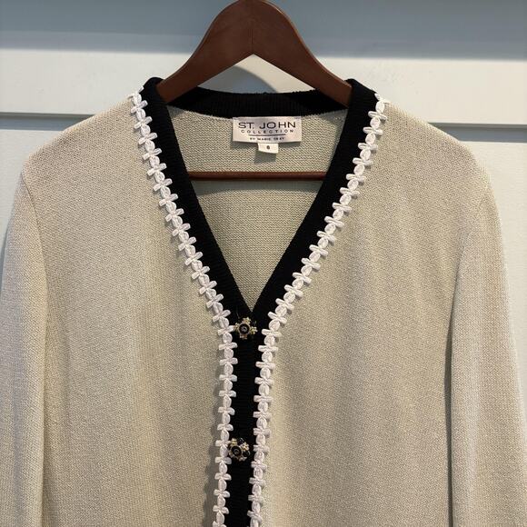 Vtg St John Cardigan 8 Green Black Pearl Trim Lady Jacket Santana Marie Gray USA - Picture 4 of 16